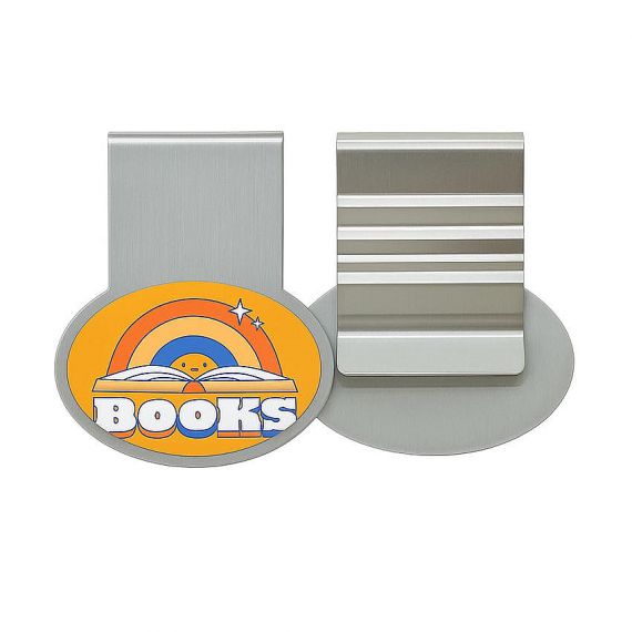 Premium custom printed oval metal bookmark featuring vibrant rainbow book design and sturdy spring steel clip for stationery retail.