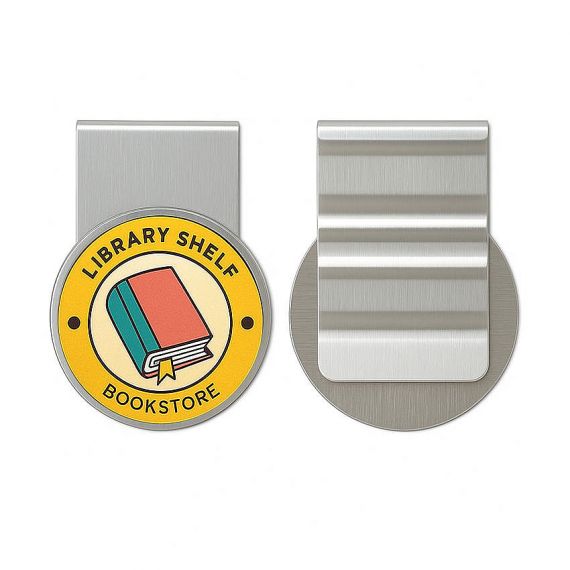 Custom logo circular metal bookmark clip with library shelf design and high-gloss protective coating for educational promotional items.