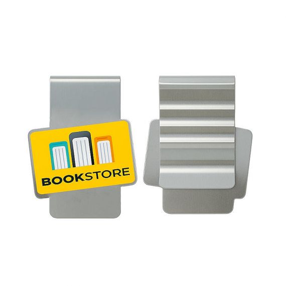 Personalized yellow rectangular metal paper clip with custom book logo and textured grip back for easy attachment to books and documents.