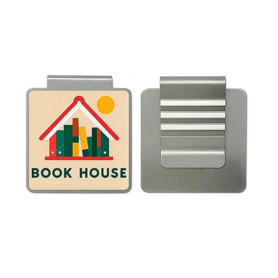 Bespoke square metal bookmark clip with "Book House" logo and colorful UV printing available with low MOQ for small businesses.