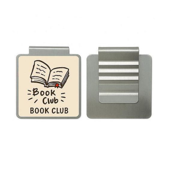 Customized square stainless steel book clip with hand-drawn style book club logo and professional metal plating for reading clubs.