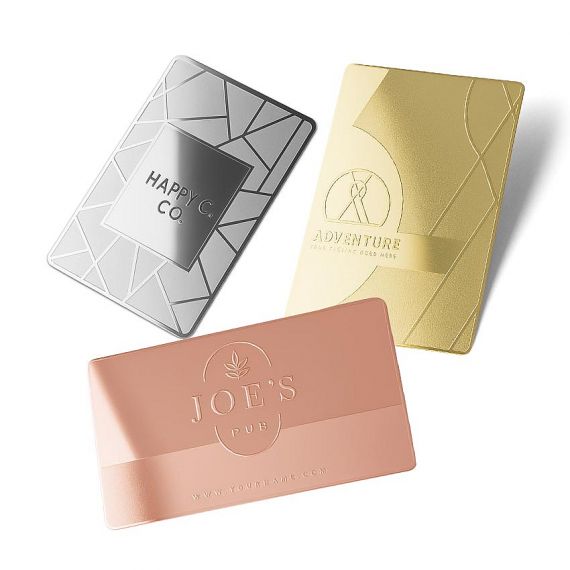 Custom Metal Business Cards - Customized luxury metal business cards in gold silver and rose gold finishes with etched geometric patterns for premium brand identity.