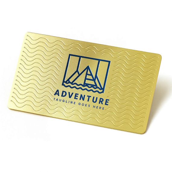 Customized luxury gold metal card with 3D wavy texture and recessed blue enamel logo for high-end promotional and VIP gifts.