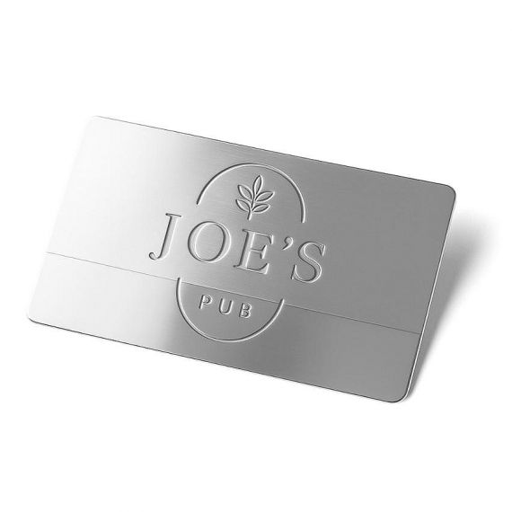 Customized brushed nickel metal business card with sophisticated embossed logo and dual-finish sandblasted surface for high-end pub or corporate use.