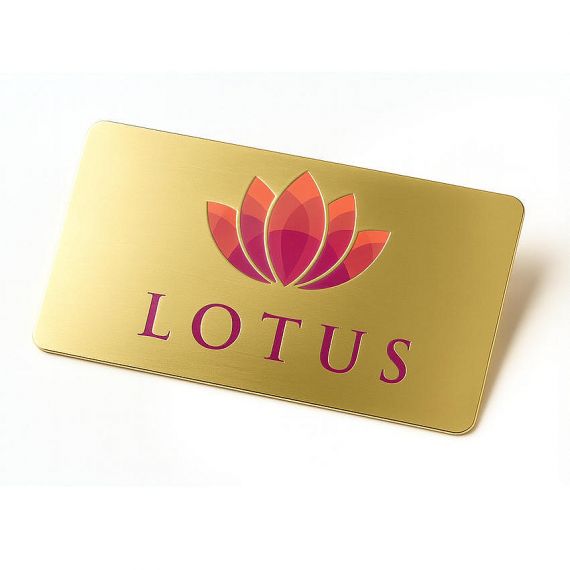 Bespoke gold plated metal membership card featuring a full color UV printed lotus logo and brushed matte finish for high-end clubs.