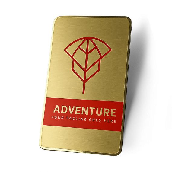 Custom executive metal name card in brushed brass with debossed red enamel logo and professional matte texture for corporate branding.