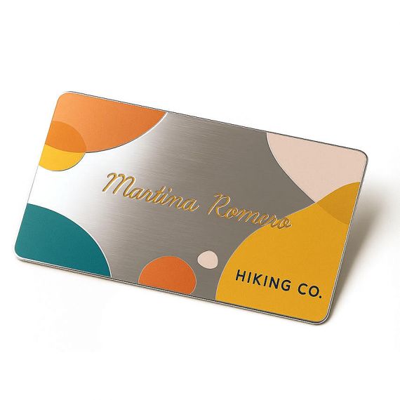 Modern customized aluminum business cards with vibrant multi-color printing and smooth rounded corners for creative design professionals.