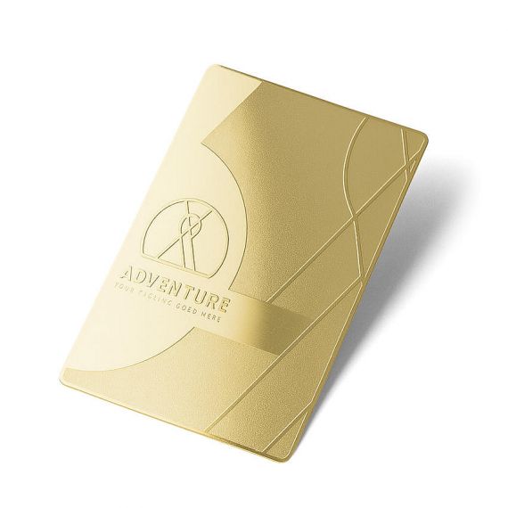 Luxury custom gold metal business card with elegant matte finish and debossed geometric curved lines for premium executive branding.