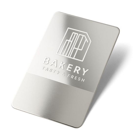 Professional personalized stainless steel business card with silver brushed texture and embossed logo for upscale bakery and cafe shops.