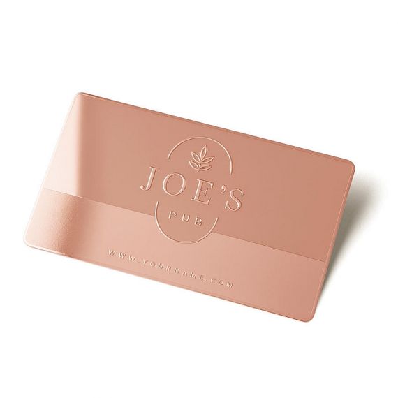 Elegant rose gold stainless steel business card with embossed logo and dual-texture sandblasted finish manufactured by expert metal factory.