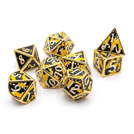 Premium custom metal RPG dice set with unique yellow and black marble enamel inlay and gold plating, high-quality heavy polyhedral dice for tabletop gaming.