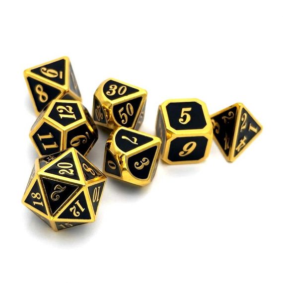 High-end custom black enamel metal dice set with gold trim and ornate calligraphy numbering, bespoke heavy-duty polyhedral dice for RPG gaming.