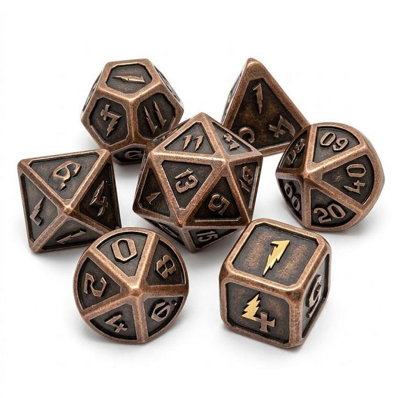 Antique bronze custom metal dice set with lightning bolt icons and engraved numbering, vintage style polyhedral dice manufactured by a professional metal factory.