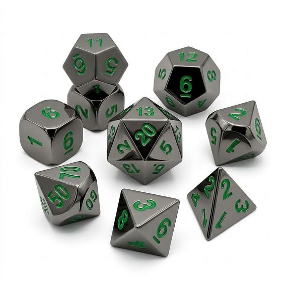 Durable custom gunmetal grey metal dice set with vibrant green numbers, precision-crafted weighted dice for role-playing games and custom gift sets.