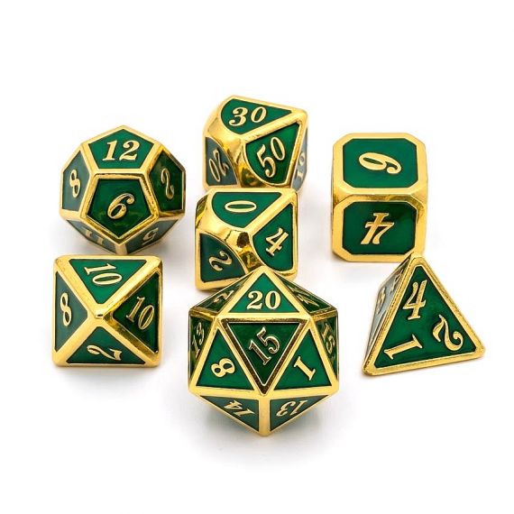 Luxury custom metal polyhedral dice set featuring deep green enamel fill and elegant gold-plated frames, perfect for professional DND gaming collections.
