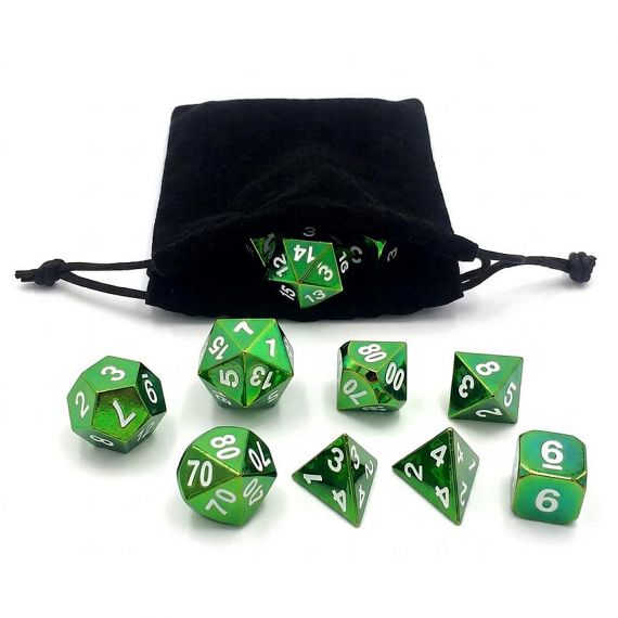 Customized shiny green zinc alloy metal dice set with white numbering and a black velvet drawstring pouch, ideal for personalized tabletop game accessories.