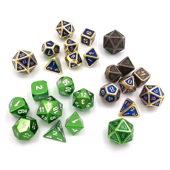 Custom Metal RPG Dice Sets - Bulk wholesale custom metal dice sets in various finishes including green anodized, blue enamel with gold trim, and antique bronze for D&D enthusiasts.