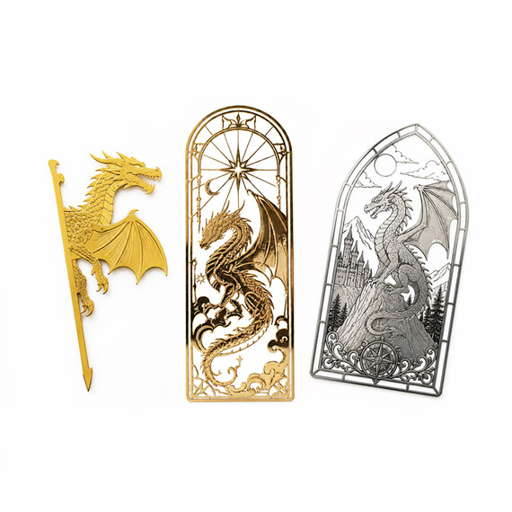 Custom Metal Dragon Bookmarks - Custom metal bookmarks with detailed dragon motifs in gold and silver plating