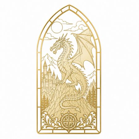 Ornate gold metal dragon bookmark featuring castle and compass design.