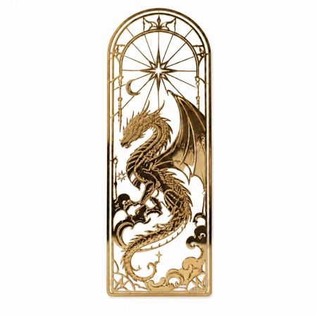 Ornate celestial dragon metal bookmark, gold finish.