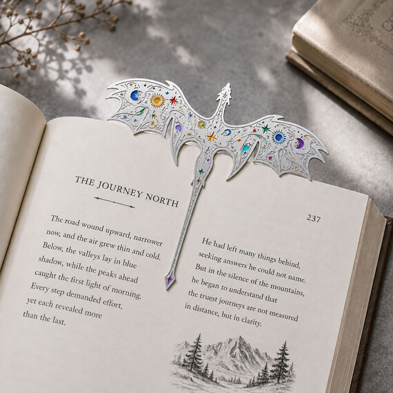 Custom metal bookmark with a bright silver finish, intricately detailed with multi-colored enamel sun, moon, and star motifs, marking a page in an open book.