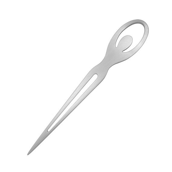 Custom minimalist silver metal envelope opener with unique hollow-out handle design, premium stainless steel letter opener for executive office stationery.
