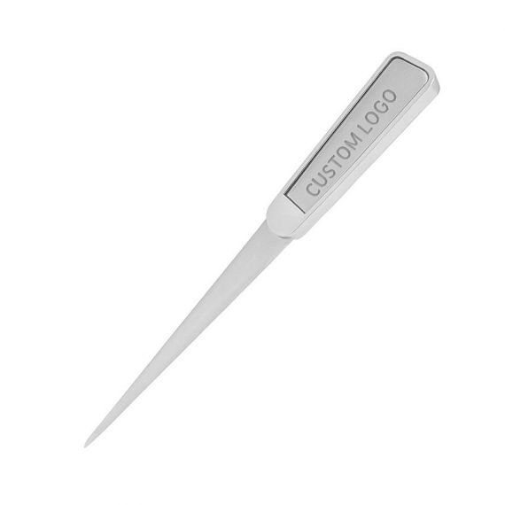 Personalized rectangular handle metal envelope opener with "CUSTOM LOGO" engraving, durable stainless steel office stationery for branding promotion.