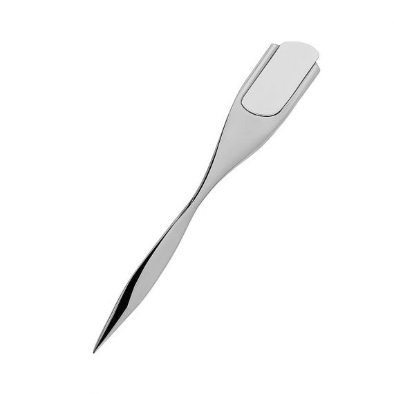 Elegant polished chrome custom metal letter opener with ergonomic streamlined handle, professional executive desk accessory from metal factory.