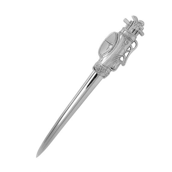 Bespoke silver-plated golf bag theme letter opener, detailed 3D design metal envelope slitter for sports clubs and corporate souvenir gifts.