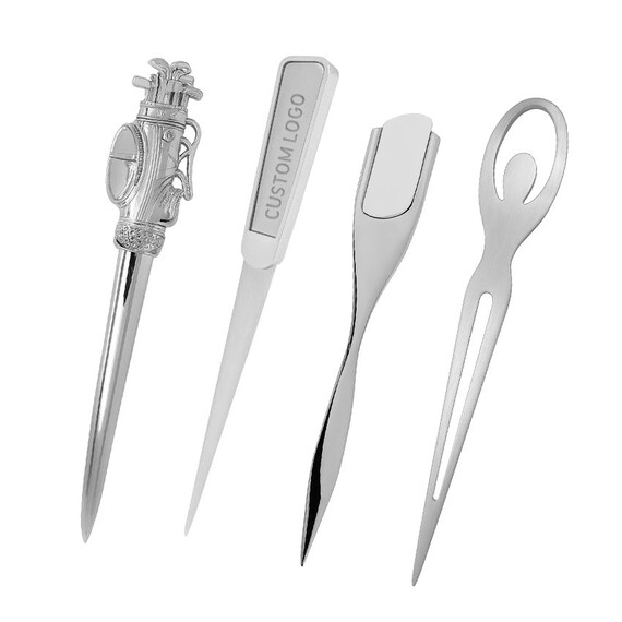 Custom Envelope Letter Openers - Zinc alloy custom letter openers featuring golf bag and personalized logo handles, bespoke promotional office gift set.