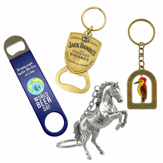 Keychains & Bottle Openers - Promotional metal keychains and custom bottle openers with engraved logos; wholesale manufacturing in Vietnam starting at 100pcs.