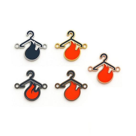 Batch production of clothing hanger shaped metal tags in antique bronze and matte black; wholesale metal labels for clothing lines, 100pcs MOQ.