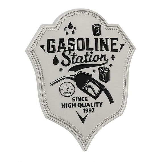 Shield-shaped custom metal nameplate in polished silver with black enamel fill showcasing a vintage Gasoline Station design with fuel nozzle and jerry can imagery, finished with decorative beaded border.