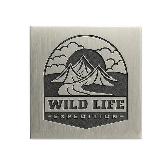 Brushed silver square custom metal nameplate featuring an embossed Wild Life Expedition badge design with mountain and road scenery, manufactured with antique finish relief detailing.
