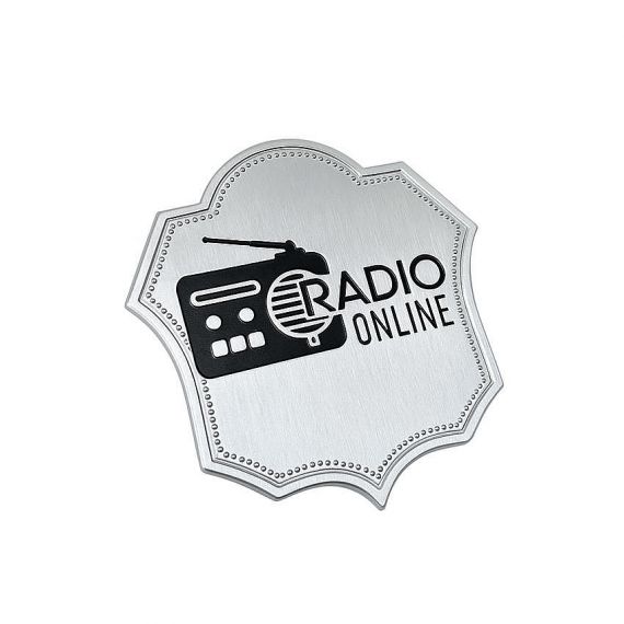 Ornate shield-shaped brushed silver custom metal nameplate with black enamel Radio Online logo featuring a retro portable radio graphic, framed with a decorative dotted border.