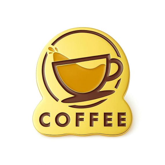 Die-cut gold metal nameplate shaped around a Coffee logo, featuring a brown enamel filled coffee cup and saucer illustration with bold lettering on a polished gold background.