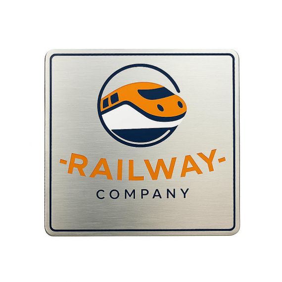 Square brushed stainless steel custom metal nameplate with full-color printed Railway Company logo featuring an orange high-speed train icon within a navy circular emblem.