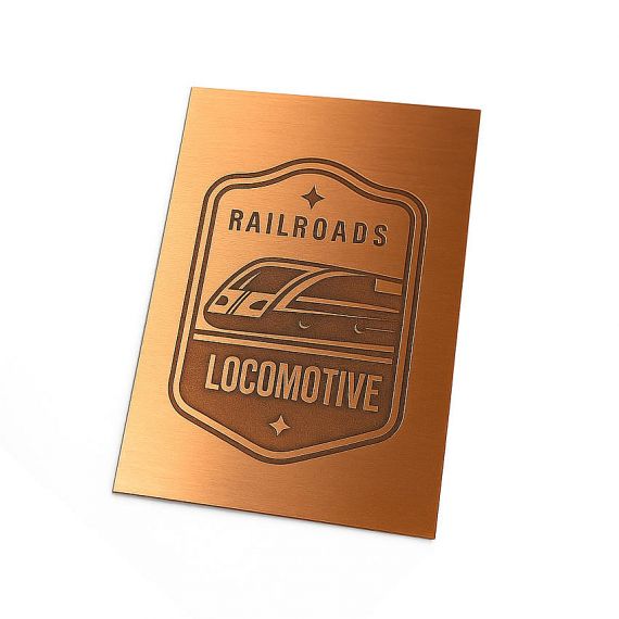 Brushed copper rectangular custom metal nameplate with laser-engraved Railroads Locomotive badge design featuring a modern high-speed train, displayed at an angle.