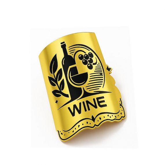 Curved gold metal nameplate with black etched wine bottle, glass, and grape cluster design, shaped to follow a scroll silhouette with decorative wavy border.