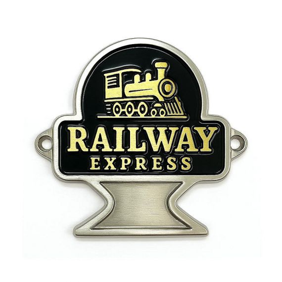 Custom metal nameplate for Railway Express brand featuring a gold steam locomotive on black enamel background with brushed silver mounting bracket and mounting holes.
