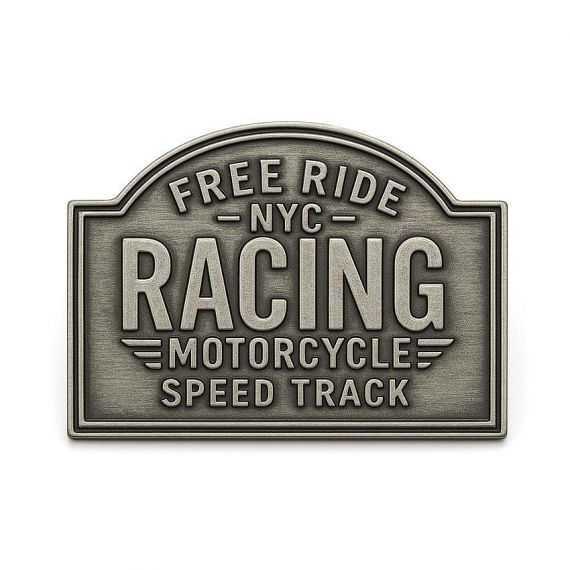 Antique silver arched custom metal nameplate with raised lettering displaying Free Ride NYC Racing Motorcycle Speed Track, featuring a vintage pewter brushed finish.