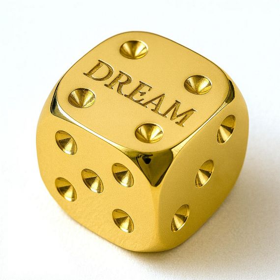 Personalized 3D Gold Dice Paperweight with Custom "DREAM" Engraving and Recessed Pips