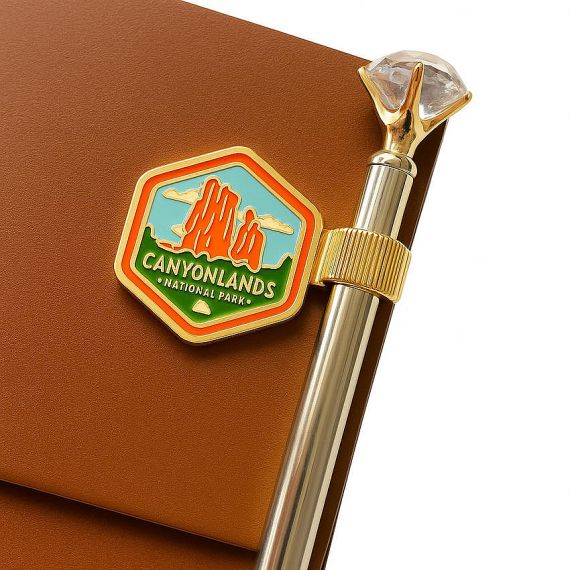 Metal Pen Holder with Pocket Clip - Bespoke Canyonlands National Park hexagon enamel pen holder clip, premium gold-plated stationery accessory for planners and journals.