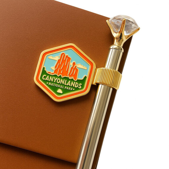 Metal Pen Holder with Pocket Clip - Bespoke Canyonlands National Park hexagon enamel pen holder clip, premium gold-plated stationery accessory for planners and journals.