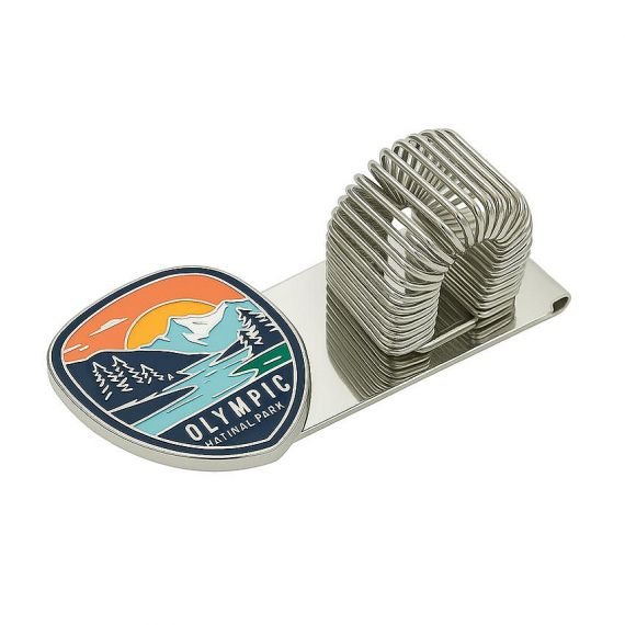Custom Olympic National Park soft enamel metal pen holder, high-quality silver-tone spring clip for diaries and travelers.