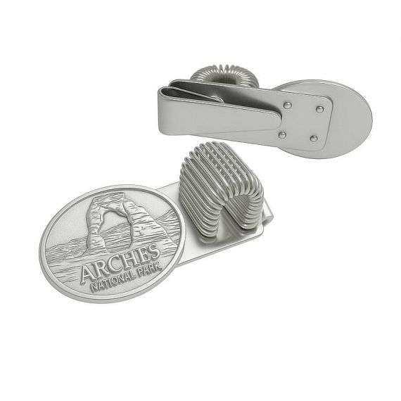 Custom Arches National Park silver embossed metal pen holder, high-quality stainless steel notebook pocket clip with spring loop for souvenirs.
