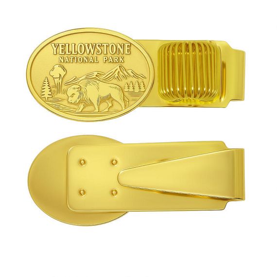 Bespoke Yellowstone National Park embossed metal pen holder clip, premium gold-tone stainless steel pocket clip for journals and planners.