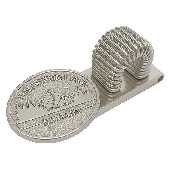 Custom Montana Yellowstone Park silver metal pen clip with mountain relief, durable stainless steel spring pen holder factory.