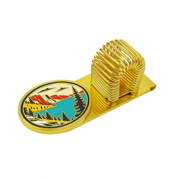 Personalized colorful landscape enamel metal pen holder with gold plating, custom logo notebook pen clip for corporate branding.