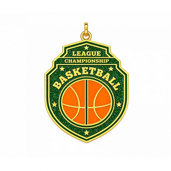 Personalized Basketball League Championship Pendant with Green Glitter Enamel and Gold Plating